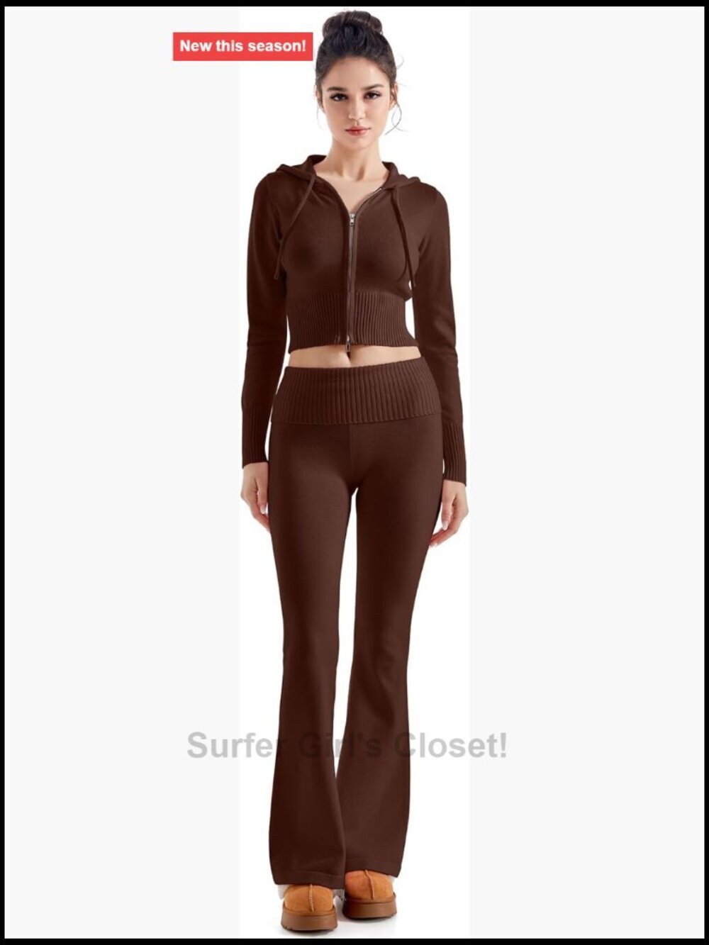Ribbed Knit 2 Piece Set Cropped Zip Up Hoodie Foldover Flare Pants
